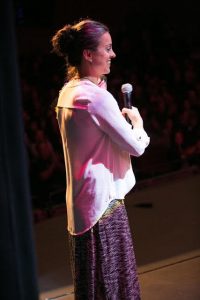 Regina Klenjoski speaking to audience at The Kids Show - Photo by Anita Lobsenz