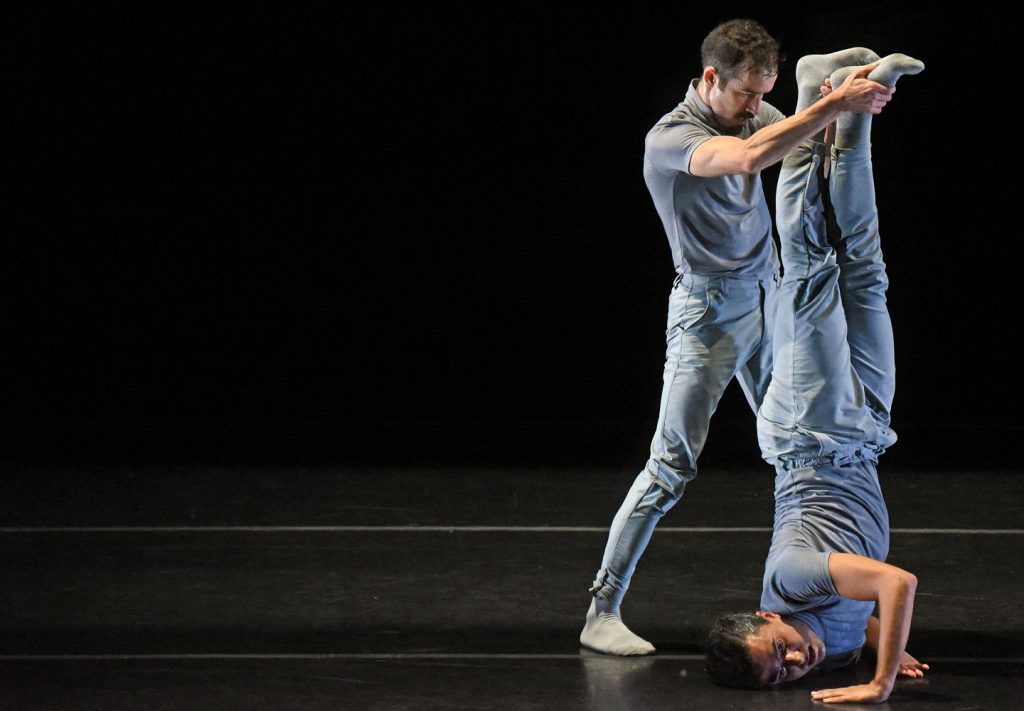 BODYTRAFFIC performs Resolve by WEWOLF at the Wallis Annenberg Center for the Performing Arts on September 26, 2019; (l-r) Guzmán Rosado, Joseph Davis. Photo by Kevin Parry.