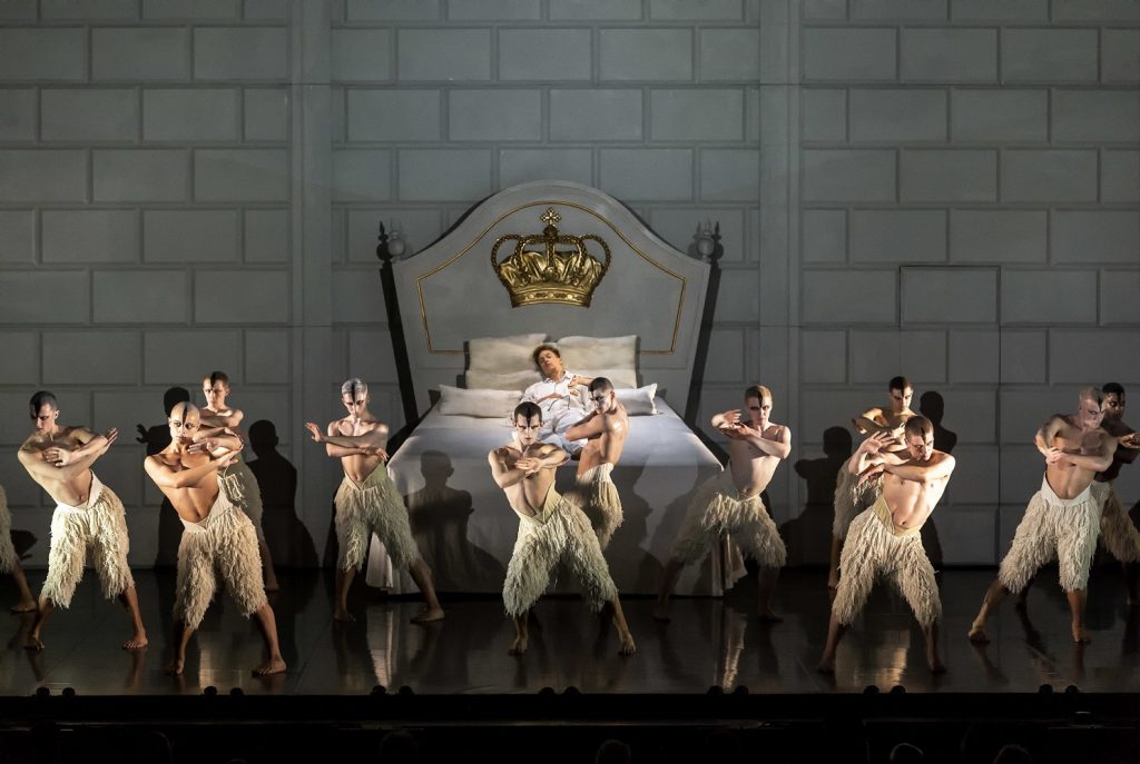 Andrew Monaghan (on the bed) and company in Matthew Bourne’s “Swan Lake” at Center Theatre Group/Ahmanson Theatre - Photo by Craig Schwartz.