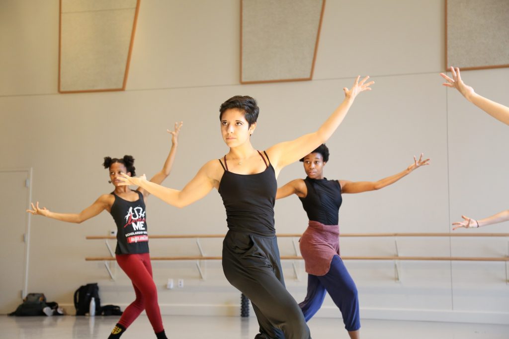 Celine Kiner and classmates in rehearsal with Barak Marshall for “Monger” at USC Kaufman (Photo by Carolyn DiLoreto/Courtesy of USC Kaufman)