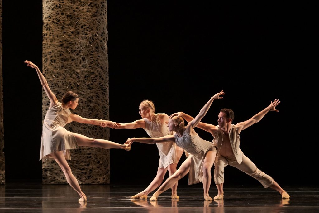 Smuin dancers (l-r) Valerie Harmon, Nicole Haskins, Tessa Barbour, and Ben Needham-Wood in Amy Seiwert’s "Renaissance", a world premiere presented in the Company's spring 2019 program. (Photo credit: Chris Hardy)