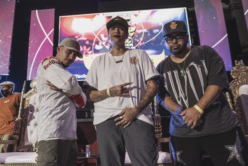 Event judges, Roxrite, Ericka and G Wiz pose for a portrait at Red Bull BC One Cypher at Avalon Hollywood in Los Angeles, CA, USA on July 31, 2021. Photo courtesy of Red Bull BC