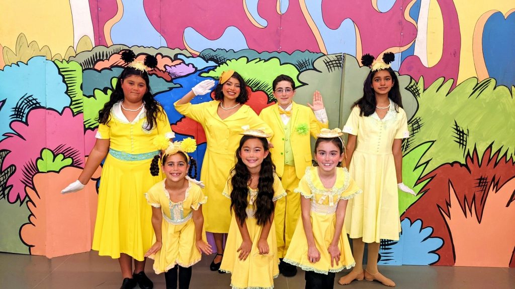 Inland Pacific Ballet Academy - Seussical JR. - op Row (left to right): Amelia Arzaga as a who, Isabella Guerra as Mrs. Mayor, Elijah Abdelsayed as Mr. Mayor, Eva Sanchez-Castro as a who; Bottom Row (left to right): Sophia Abdelsayed as a who, Vivienne Gibbs as a who, Hadley Scheff as a who - Photo by Andrew Gaxiola