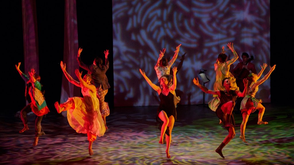 World premiere of "Joy", choreographed by Danielle Agami (Starting in circle from far left going back) Cacia LaCount, Evan Sagadencky, Bronte Mayo, Nat Wilson, Jordyn Santiago , Montay Romero, Paige Amicon, Danielle Agami (center of circle), Isaiah Gage (on cello) - Photo by Rob LaTour / Shutterstock