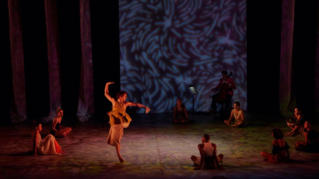  World premiere of "Joy", choreographed by Danielle Agami (Starting in circle from far left going back) Jobel Medina, Paige Amicon, Jordyn Santiago , Bronte Mayo, Evan Sagadencky, Montay Romero, Danielle Agami, Chris Hahn, Nat Wilson (middle), Isaiah Gage (on cello) - Photo by Rob LaTour / Shutterstock