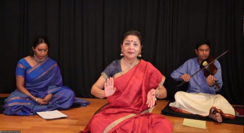 Arpana Dance Company - (L to R) Visalini Sundaram, Ramya Harishankar, Kiran Athreya in "Symphony of Emotions" - Screenshot by LADC
