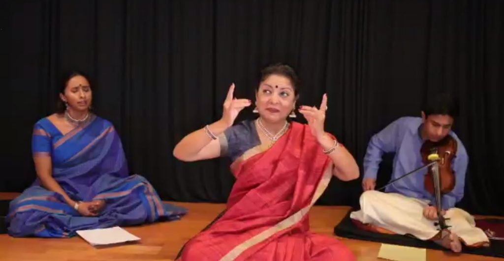 Arpana Dance Company - (L to R) Visalini Sundaram, Ramya Harishankar, Kiran Athreya in "Symphony of Emotions" - Screenshot by LADC