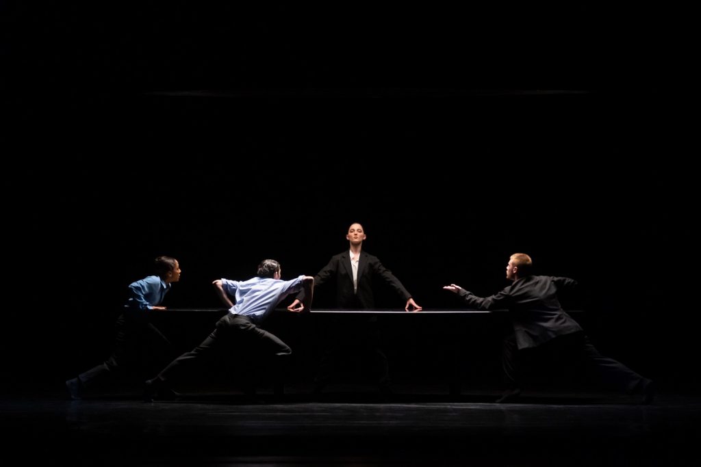 Ballet BC - Anna Bekirova, Livona Ellis, Justin Rapaport and Rae Srivastava in “The Statement” choreography by Chrystal Pite - Photo by Luis Luque, The Soraya