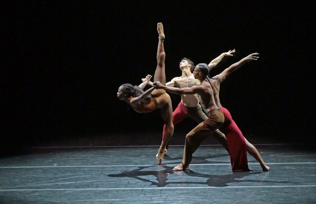Complexions Contemporary Ballet - (L-R) April Watson, Jacapo Calvo, and Zion Pradier in Dwight Rhoden's "Snatched Back From The Edges" - Photo by Kevin Parry