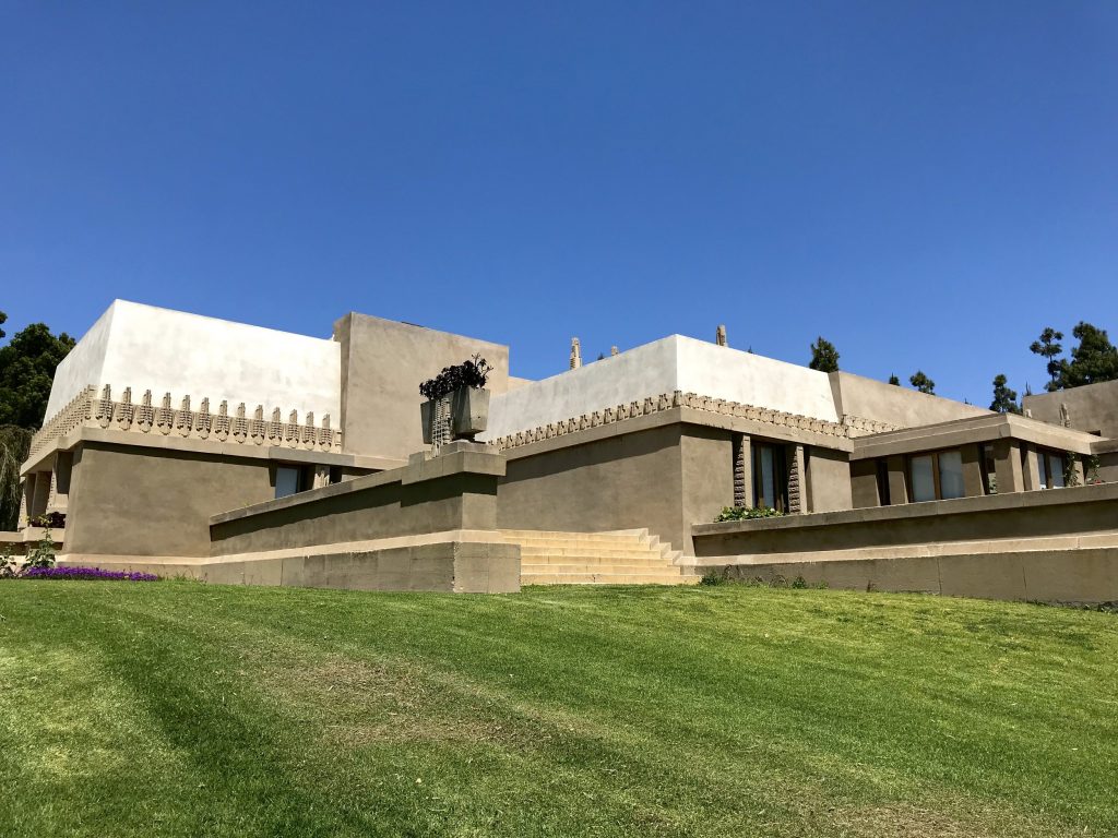 Exterior view of Frank Lloyd Wright's Hollyhock House in Los Angeles' Barnsdall Art Park