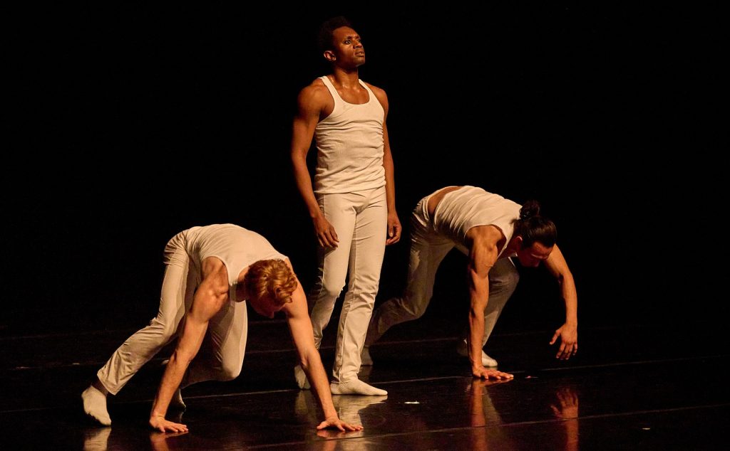 Luminario Ballet - (L-R) Adrian Hoffman, Raymond Ejiofor, Marlon Pelayo in "Tend", choreography by Adrian Hoffman - Photo by Rob Latour