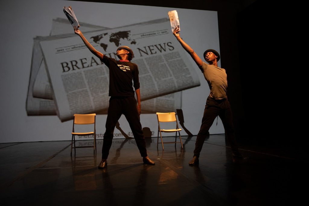 Still Moving - Ken Morris Project members Christopher Derant and Joel Muepo in Morris' "Bad News" - Photo by Denise Leitner