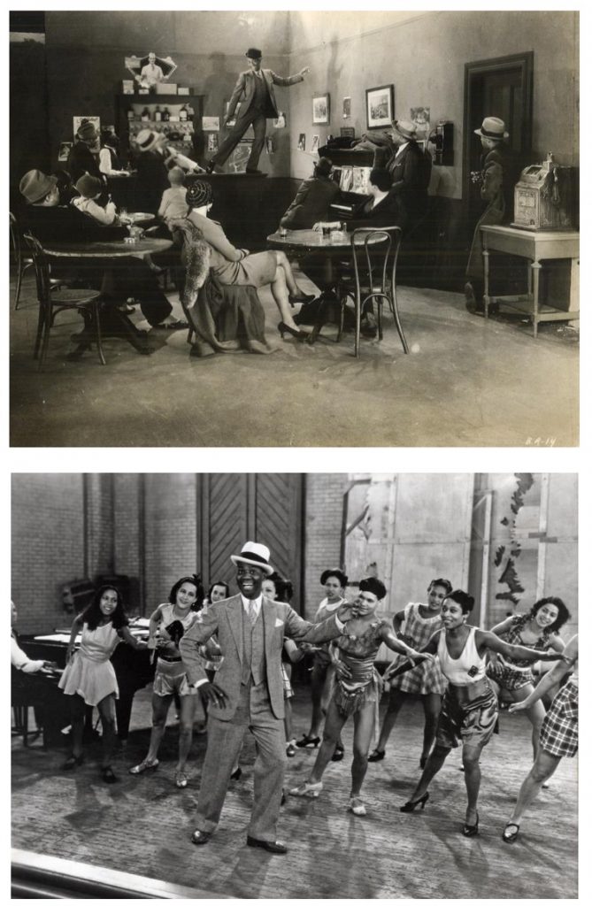 Bill Robinson performs atop a bar counter to Black patrons, backstage after performing his famous stair dance to a White audience in Harlem is Heaven, 1932. (courtesy of author); (Bottom) Bill Robi