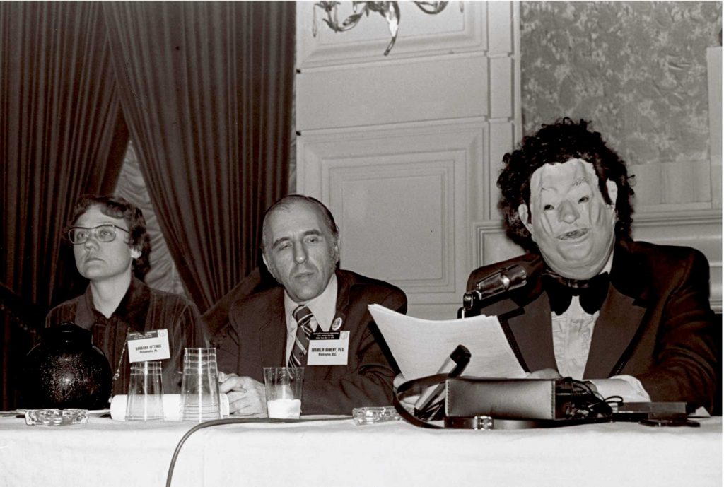 Left to right, activists Barbara Gittings and Frank Kameny with John E. Fryer who was known as Dr. Anonymous, at the 1972 APA Conference in Dallas - Photo courtesy of the playwright