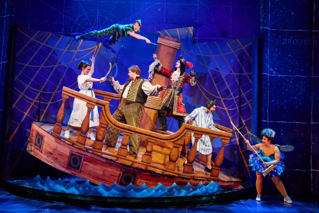 "Peter Pan Goes Wrong" - (L-R) Charlie Russell, Greg Tannahill, Henry Lewis, Henry Shields, Bartley Booz, and Nancy Zamit - Photo by Jeremy Daniel