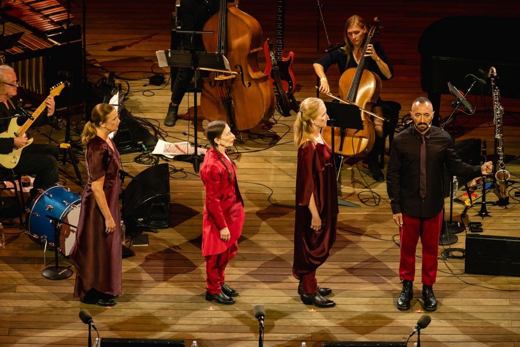 Meredith Monk & Vocal Ensemble members (L-R) Katie Geissinger, Meredith Monk, Alice Sniffin, and Theo Bleckmann in Monk's "The Games - Downfall" with Bang on a Can All-Stars - Photo by Farah Sosa for the LA Phil
